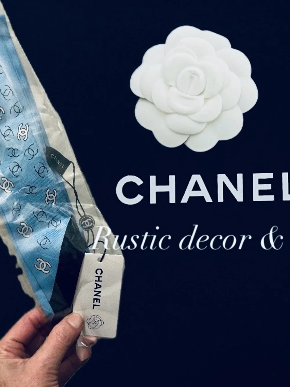 CHANEL Light Blue Silk Twilly Scarf with Navy Tips